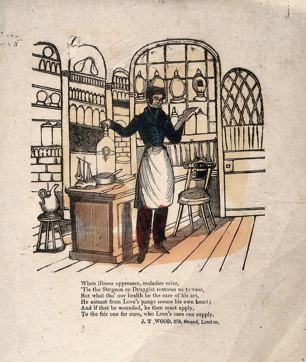 A pharmacist making up a prescription in his shop. Coloured woodcut.