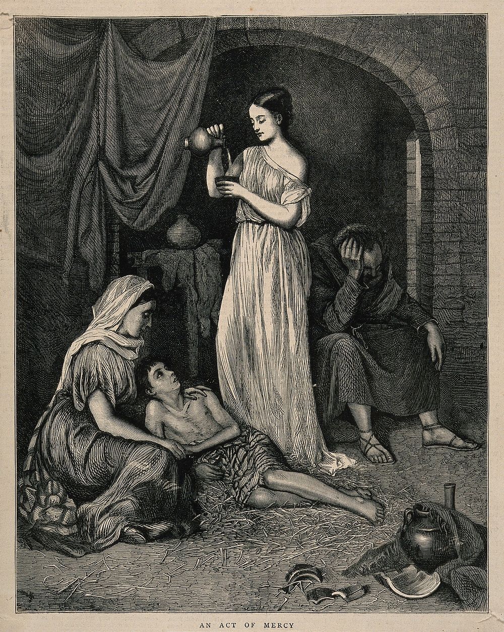 Two women comforting a boy while a monk sits beside in despair. Wood engraving after Jessie MacGregor, 1872.