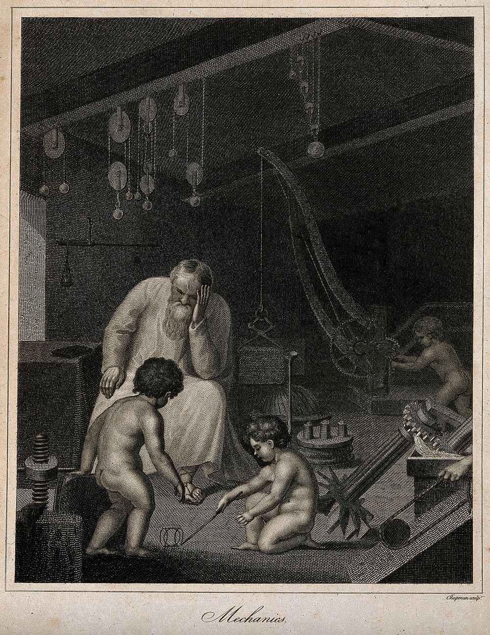An old man rests his head on his hand; cherubs play in a room filled with mechanical instruments; representing mechanical…