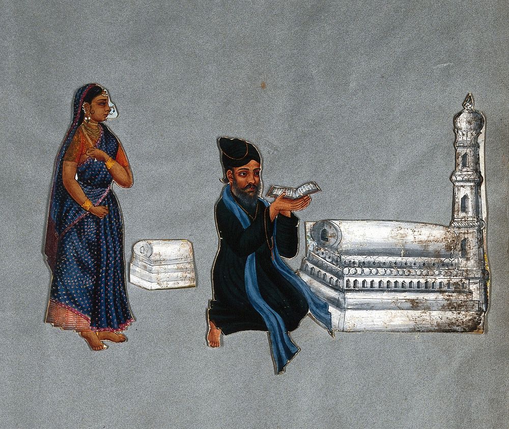 An Indian Muslim priest; left, his wife. Gouache painting.