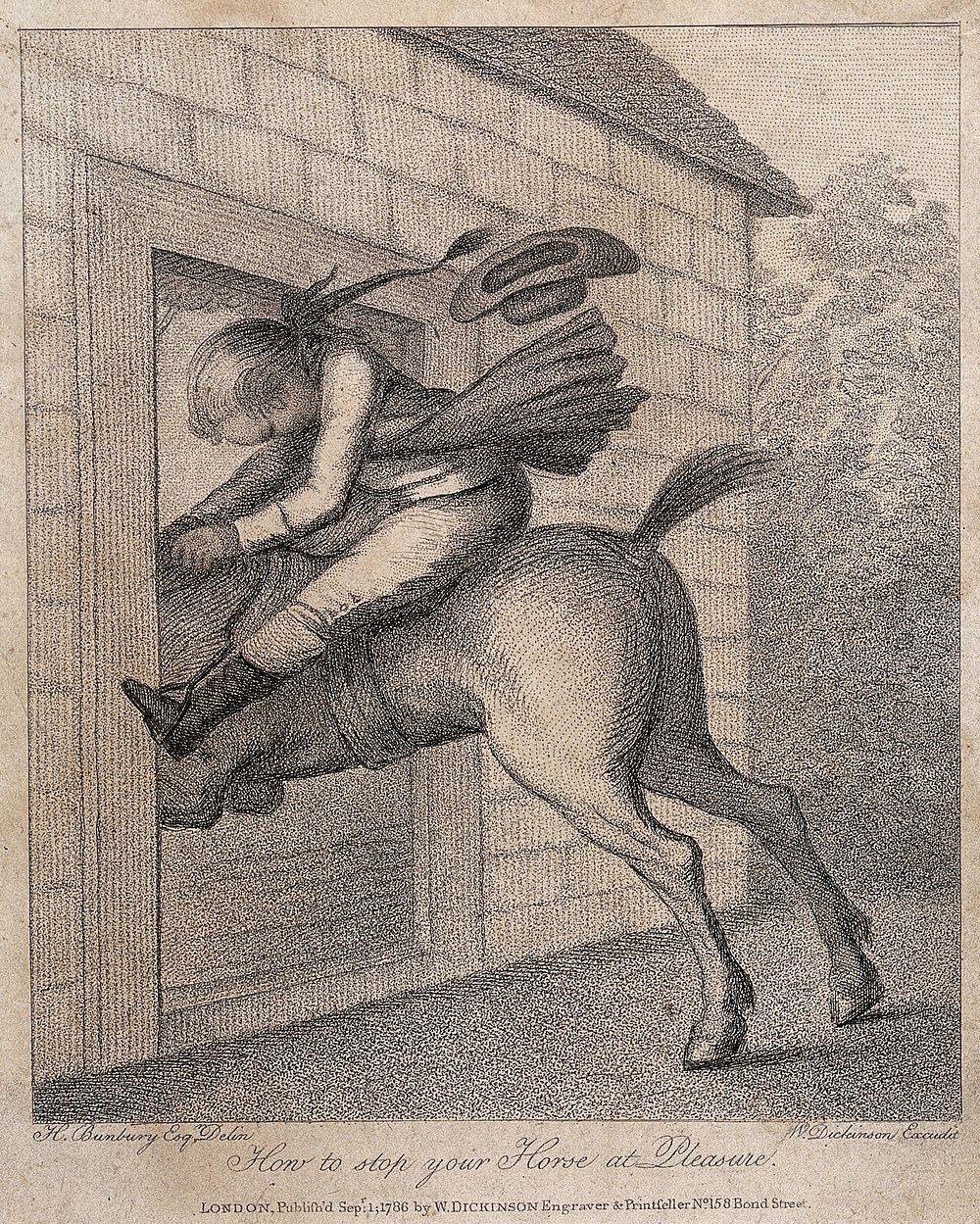 A horse has ridden through a doorway in an effort to stop, the rider has had to duck his head. Etching by H. Bunbury.