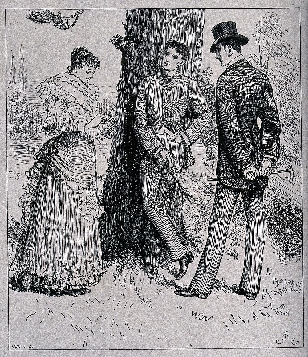 A young woman, holding flowers in her hand, talking to two men standing under a tree. Wood engraving by Swain after F.…