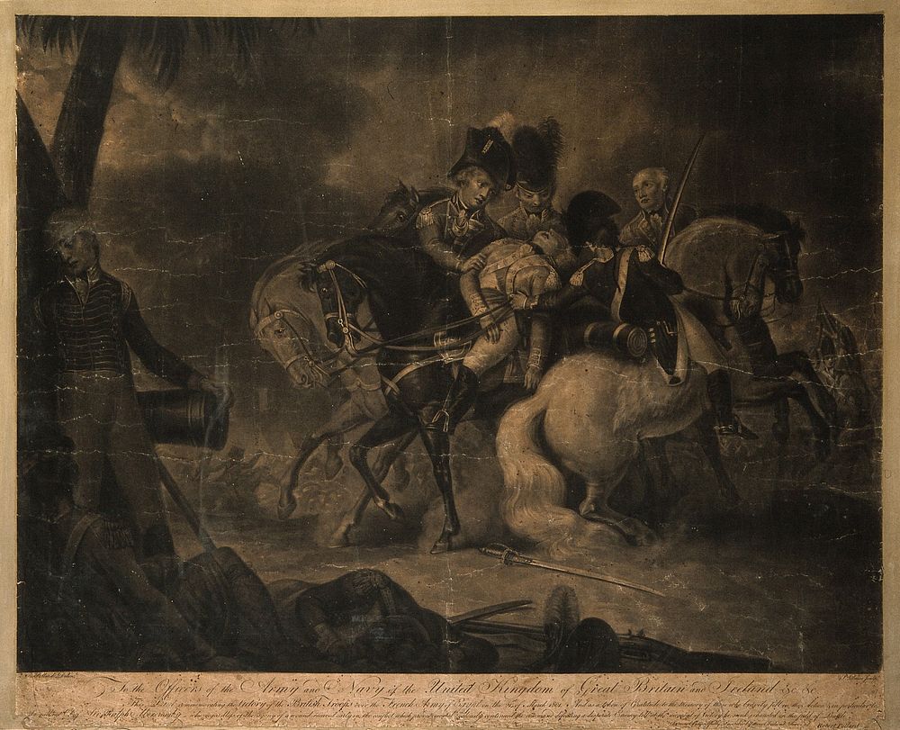 The battle of Alexandria: Sir Ralph Abercromby (Abercrombie) is wounded in the thigh. Mezzotint by P. Dawe, 180-, after R.…