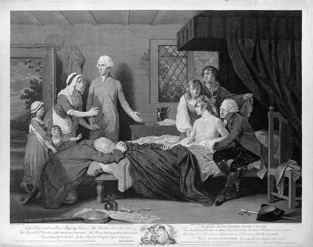 A man recuperating in bed at a receiving-house of the Royal Humane Society, after resuscitation by W. Hawes and J.C. Lettsom…