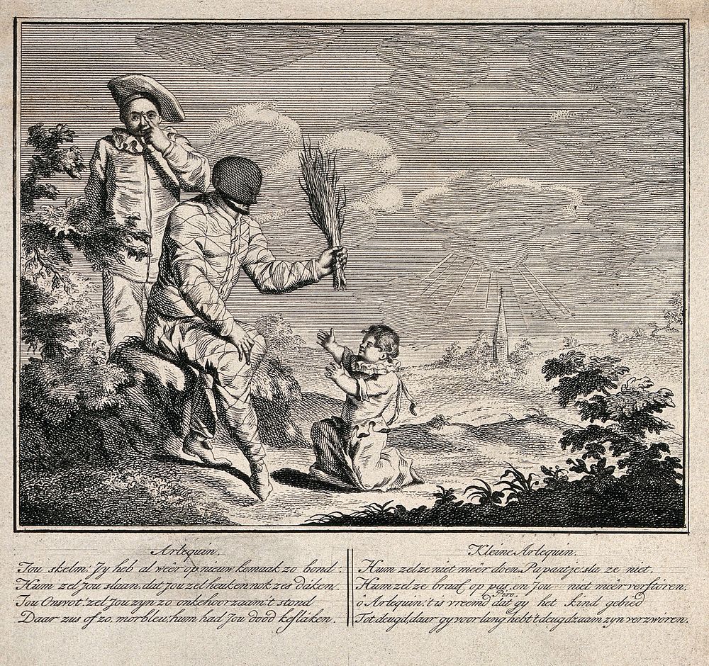 An episode in the childhood of the young Harlequin. Etching by G.J. Xavery.