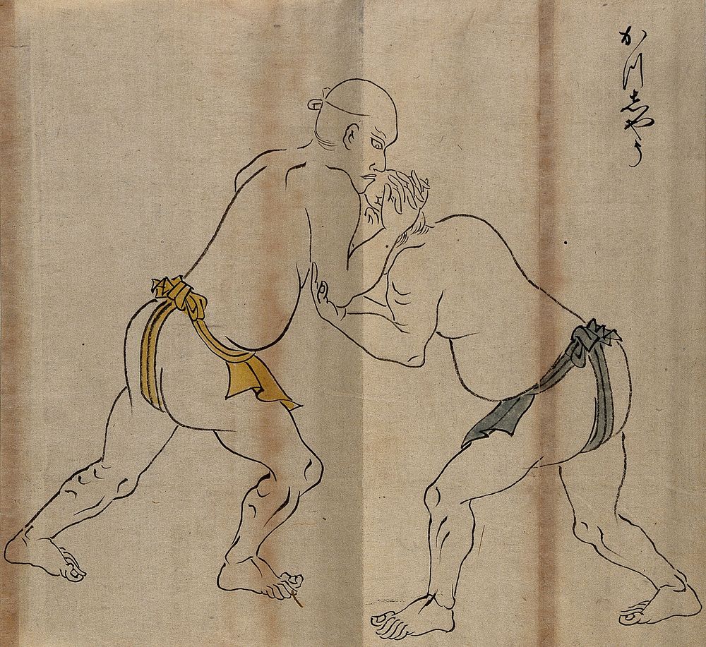 A Japanese wrestling position. Woodcut by a Japanese artist.