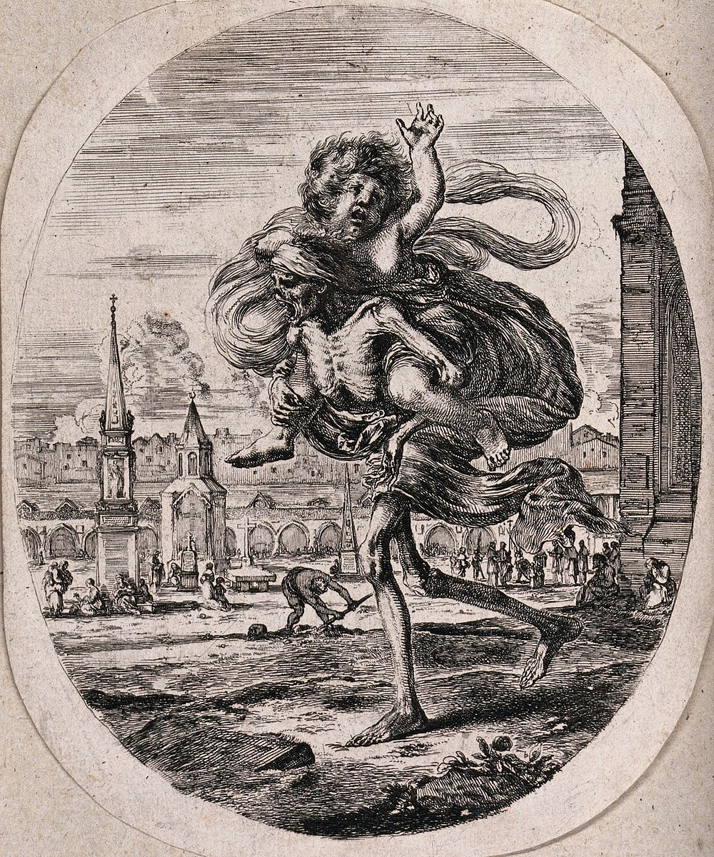 Death carries off a child on his back. Etching by Stefano Della Bella.