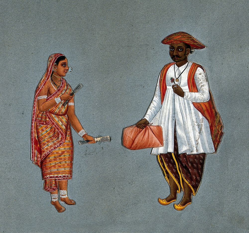 An Indian Muslim perfume seller and his wife. Gouache painting.