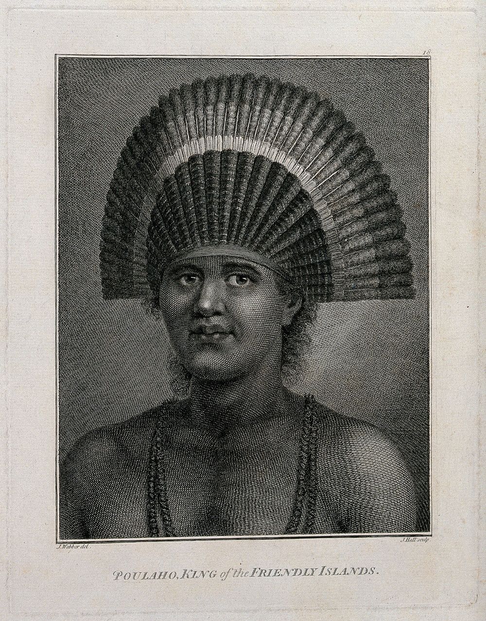 Fatafehi Paulaho, King (Tui) of Tonga, wearing an elaborate headdress of feathers. Engraving by J. Hall, 1784, after J.…