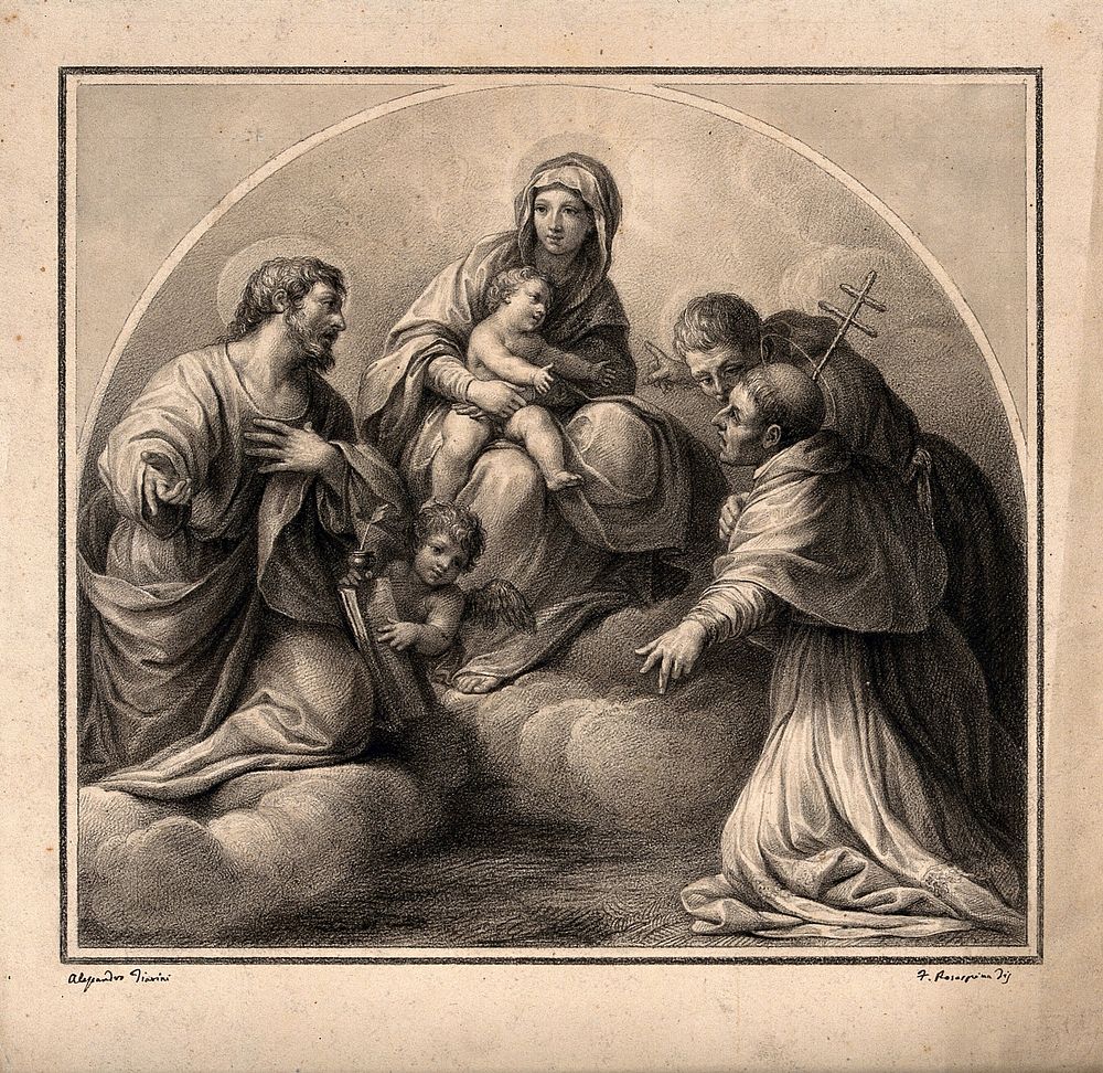The Virgin Mary with the Christ Child, Saint Matthew, Saint Carlo Borromeo and Rénier the blessed. Drawing by F. Rosaspina…