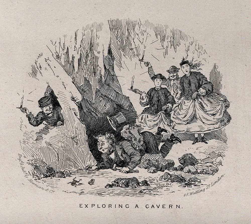 A geologist in a cave trips over a stone; two women and a man holding a candle in the background. Etching, ca. 1870.