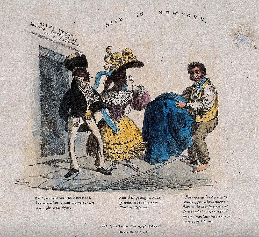 A well-dressed black couple in New York City are being offered a coat by a poor Irish immigrant outside a laundry. Coloured…