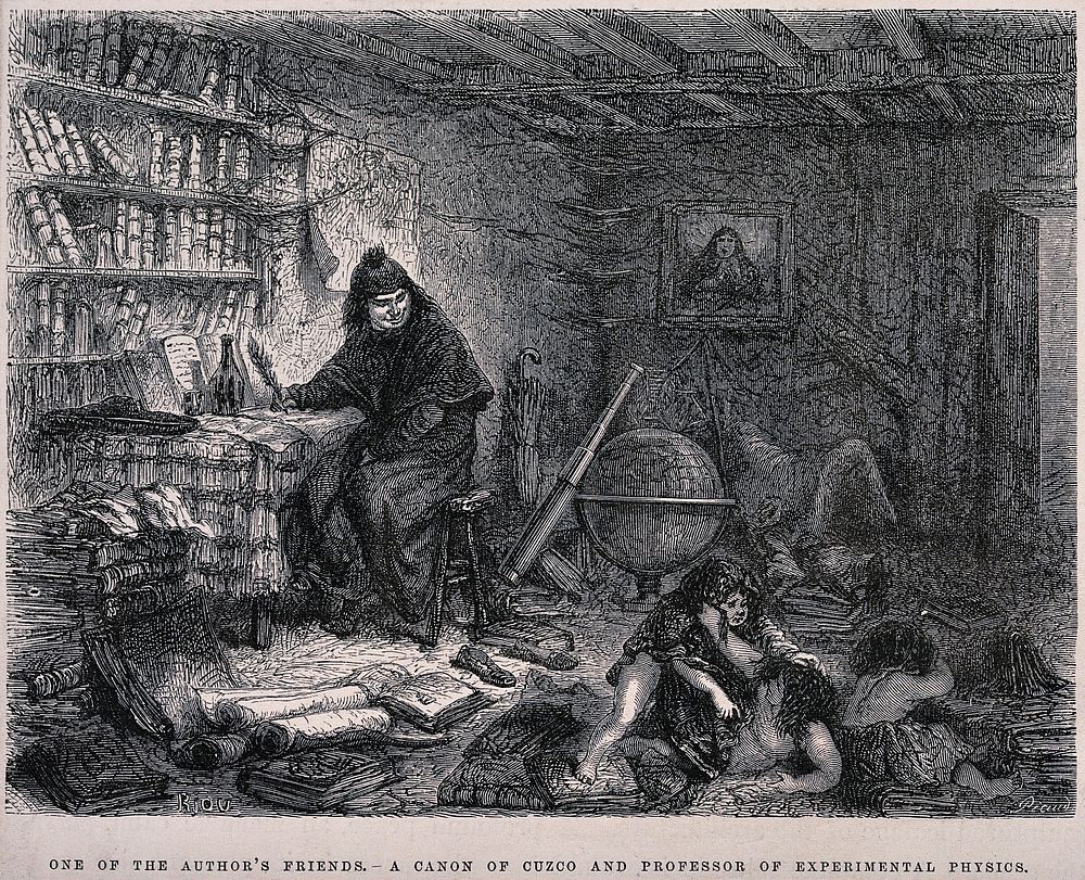 A canon at Cuzco, Peru, in his study, studying natural sciences while his adopted children fight. Wood engraving by Picard…