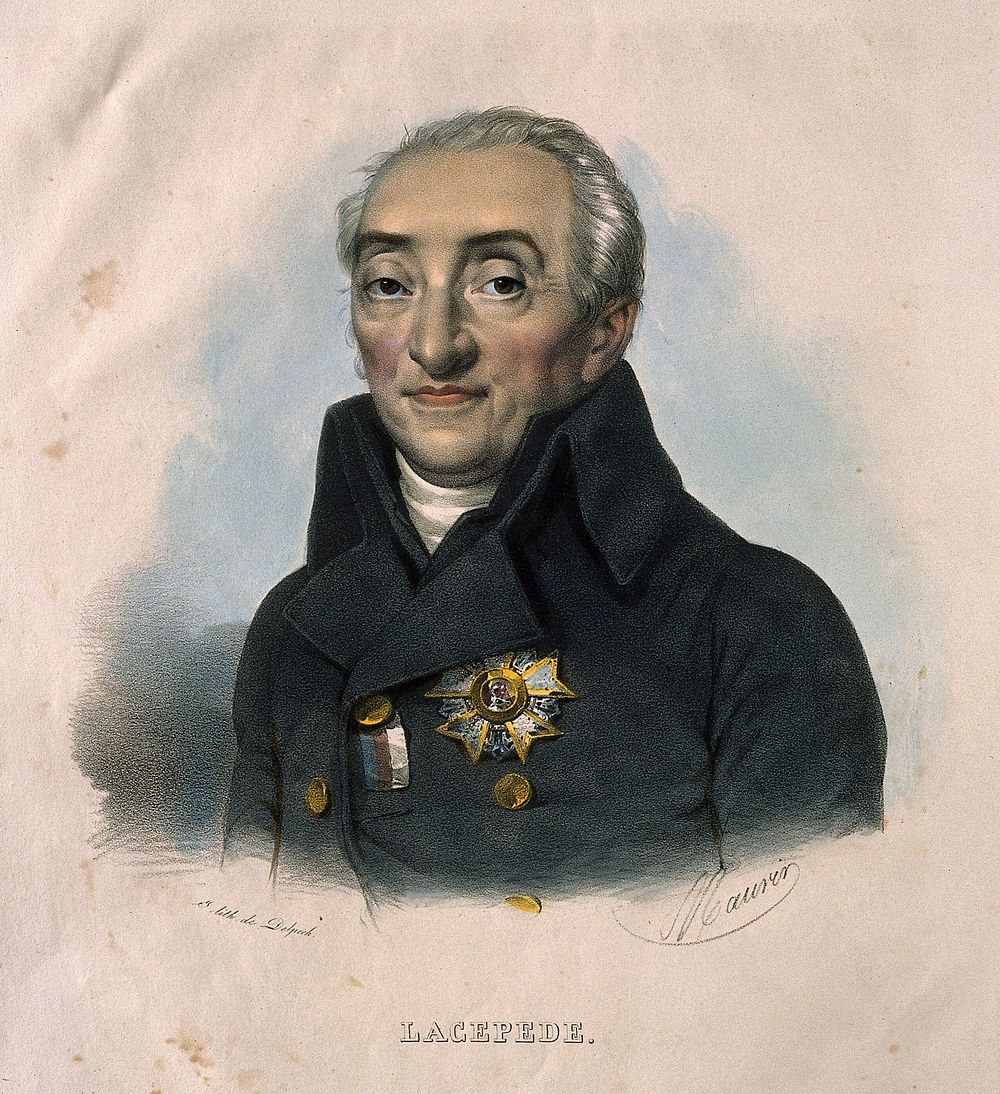 Bernard Germain Étienne de la Ville-sur-Illon, Comte de Lacépède. Coloured lithograph by N. E. Maurin.