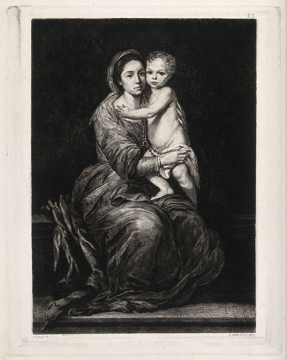 Saint Mary (the Blessed Virgin) with the Christ Child. Etching by B. Maura y Montaner, 1874, after B.E. Murillo.