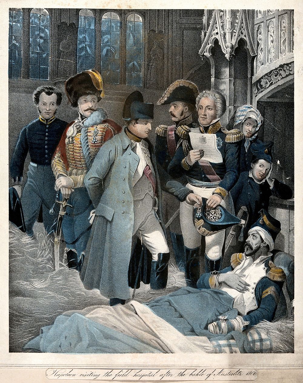 Battle of Austerlitz: Napoleon visiting wounded soldiers in a church used as a field hospital after the battle. Coloured…