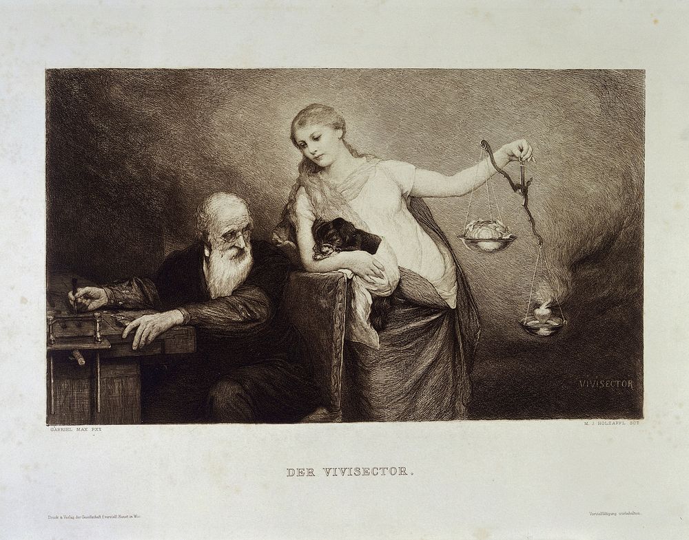 The vivisector asked to choose between head and heart. Photogravure, 1886, after an etching by M.J. Holzapfl after a…