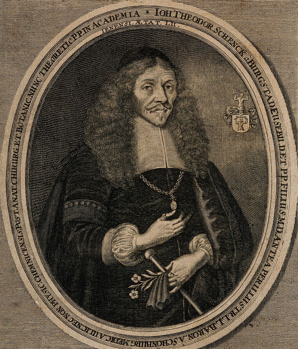 Johann Theodor Schenck, aged 52, holding a cane and a rose in his left hand. Line engraving by P. Kilian, 1671.