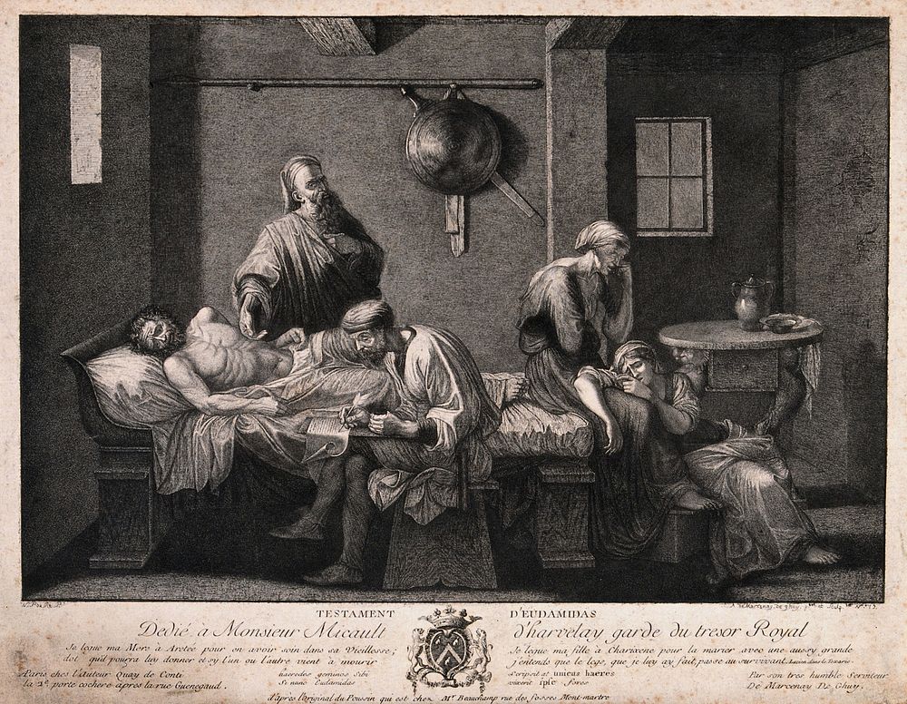 Eudamidas dictating his will on his deathbed, leaving the care of his mother and daughter to two friends. Etching by A. de…