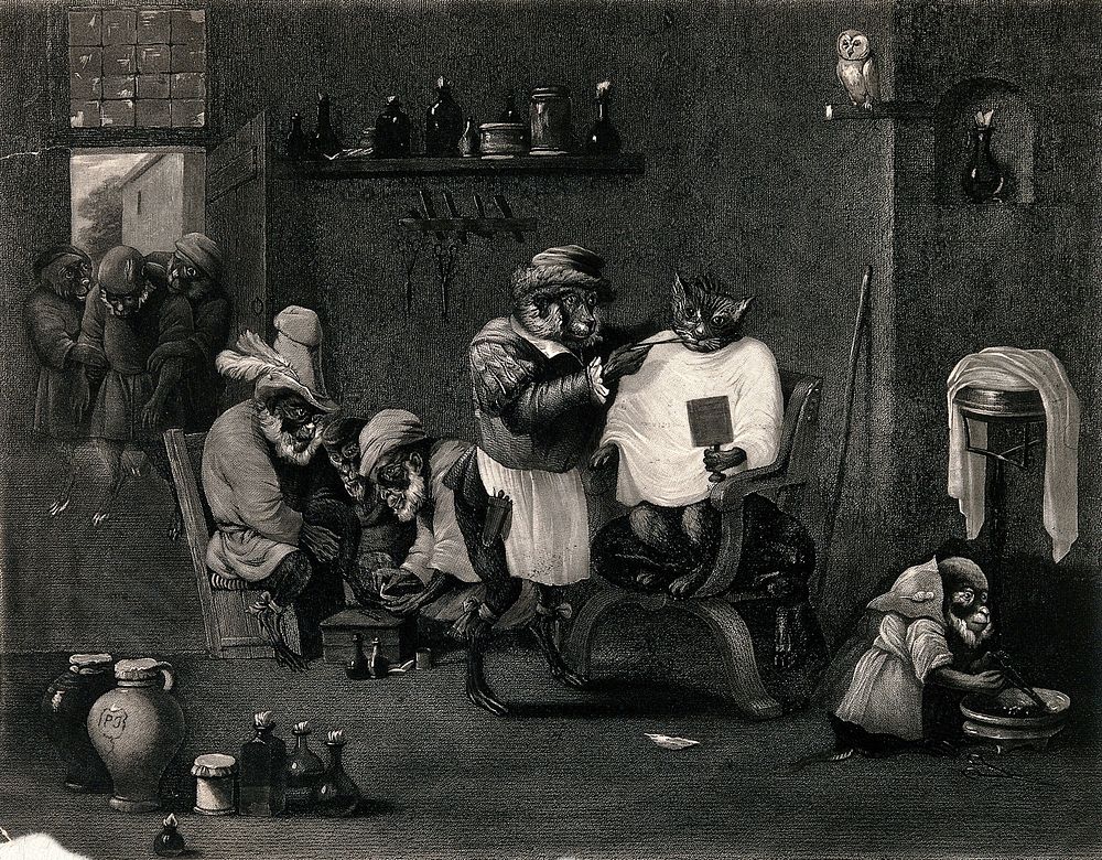 Animals posing as human beings in an interior of a barber-surgeon's shop. Mezzotint.