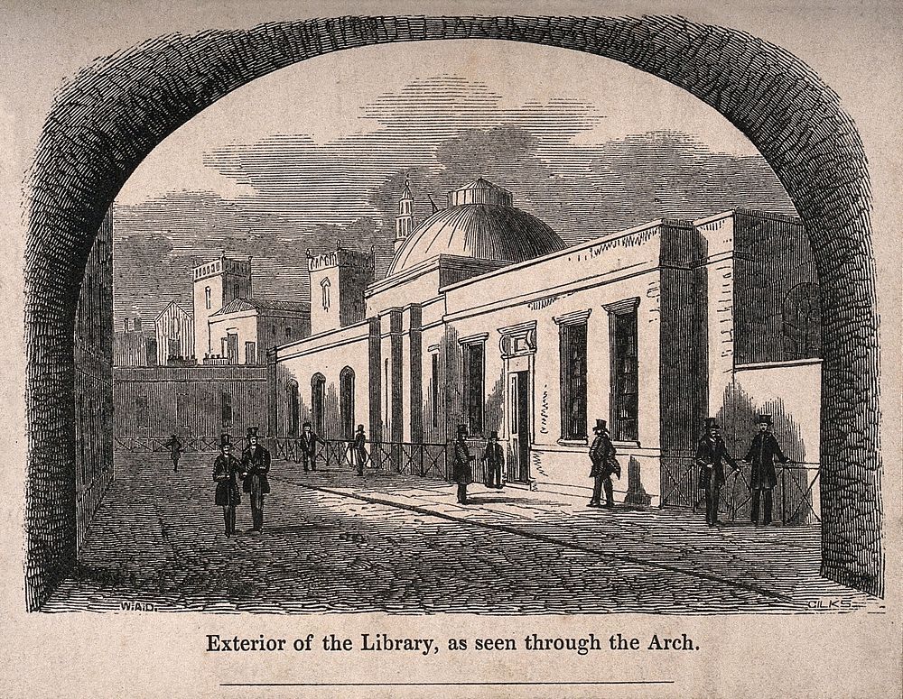 St Bartholomew's Hospital, London: the library viewed through an archway. Wood engraving by E. Gilks after a photograph by…