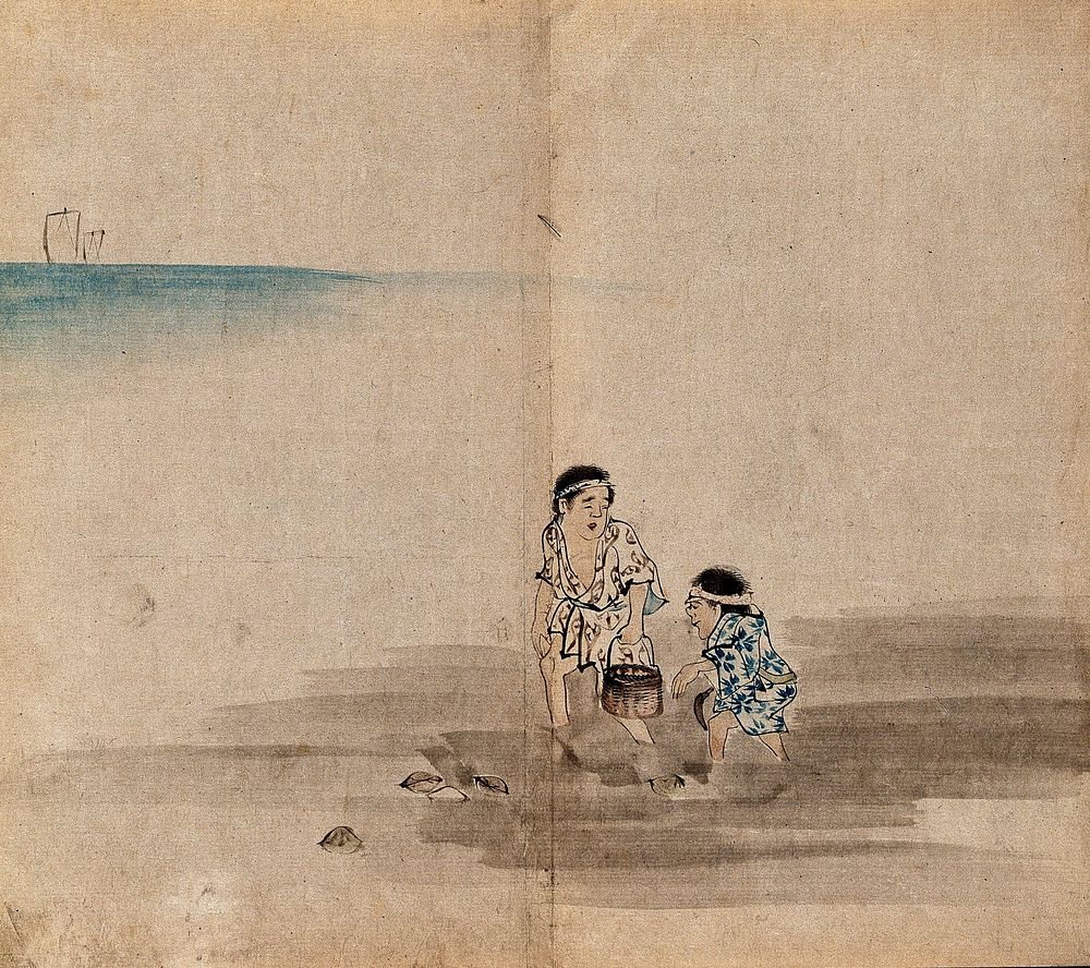 Two Japanese fishermen wading in the sea to collect shells. Watercolour, c.1860.