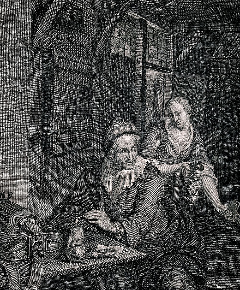 A man sits smoking at a table as a woman brings him drink. Engraving by L. Gaineau, 1785, after G. Mieris.