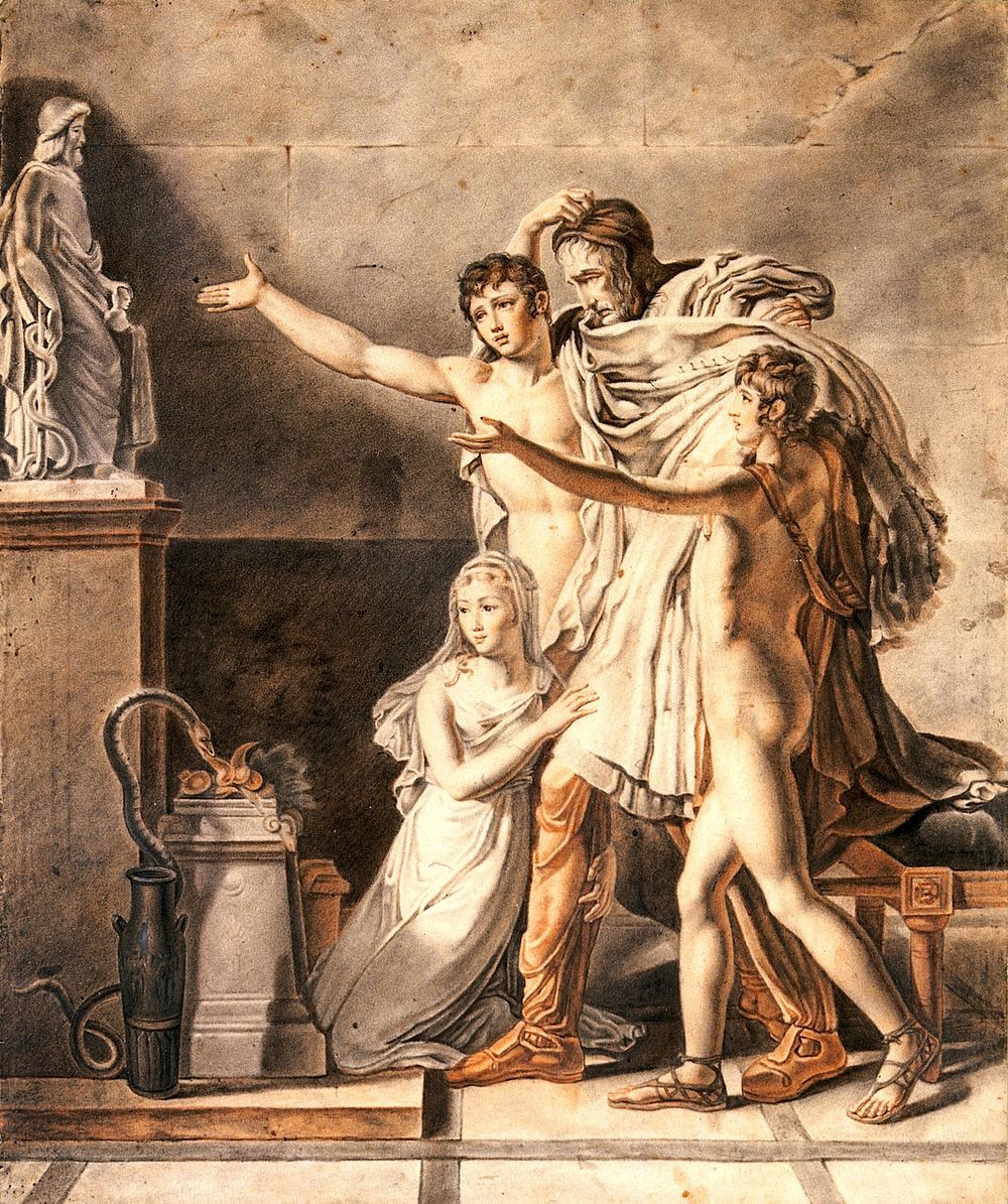 Four people praying to Aesculapius. Watercolour attributed to circle of P.-N. Guérin.
