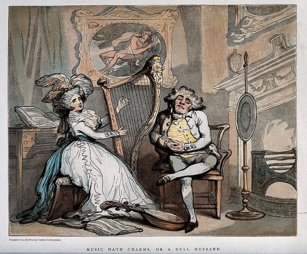 A woman plays the harp and sings, but her husband sleeps. Colour process print, 1891, after Thomas Rowlandson.