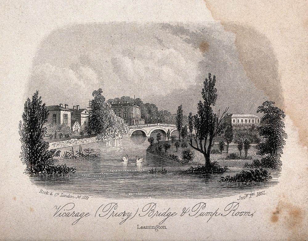 Leamington Spa, Warwickshire: pump room and Vicarage/Priory bridge. Steel engraving, 1851.