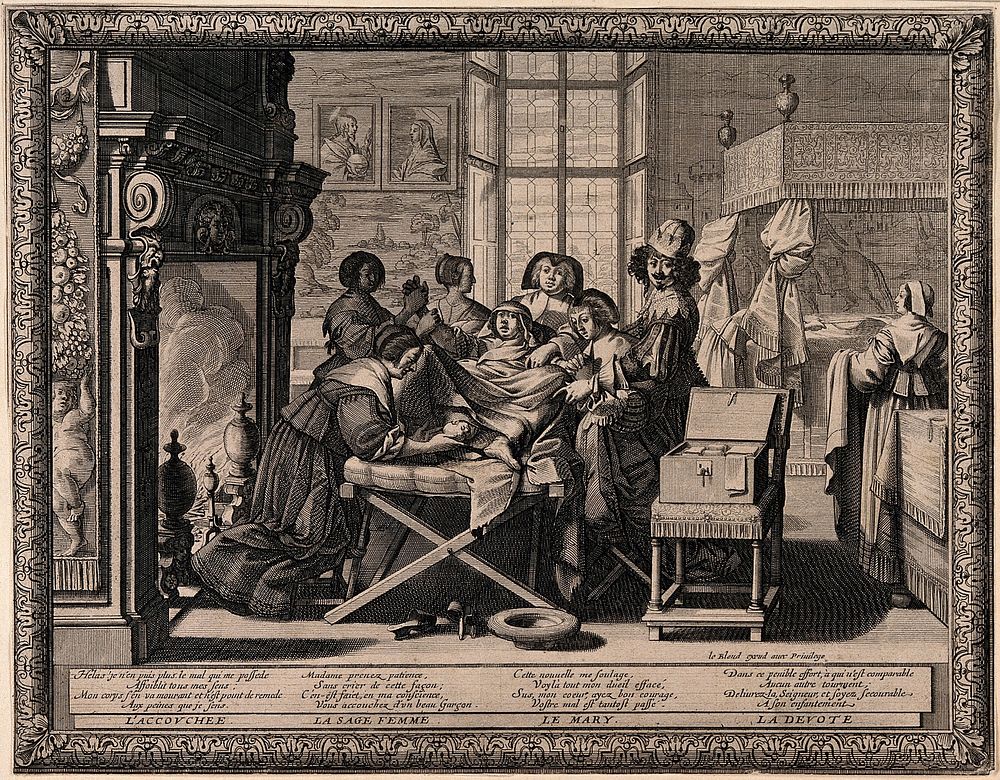 A woman giving birth in an elaborate room aided by a midwife and a nun and surrounded by her husband and family. Engraving…