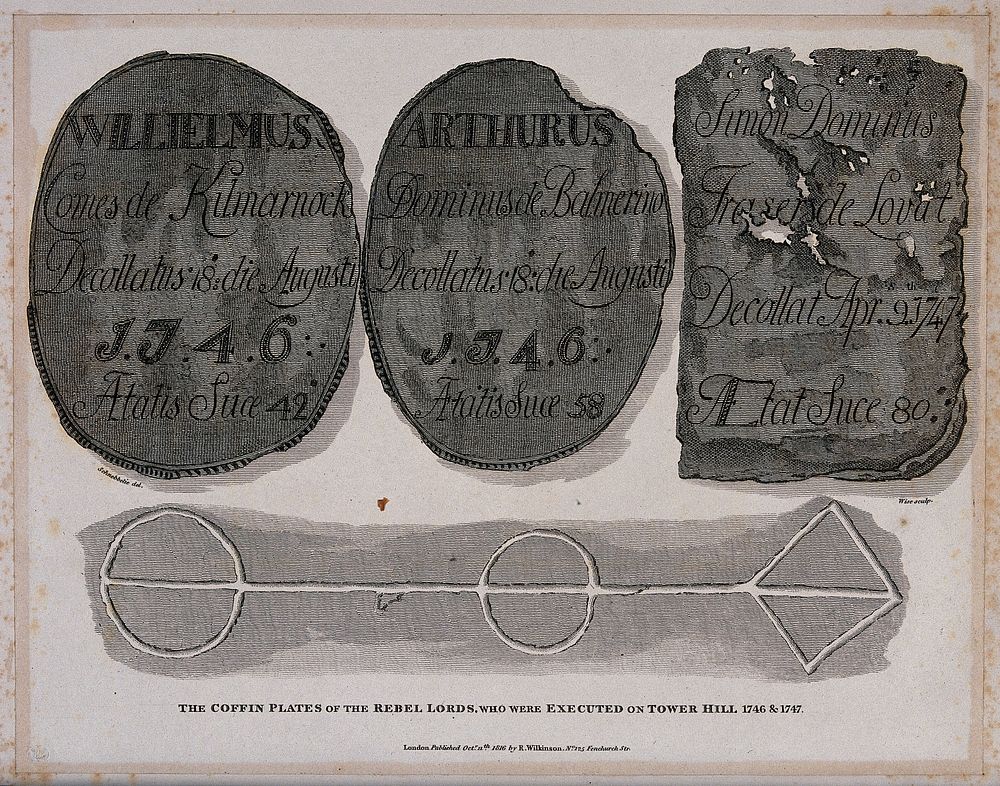 The coffin plates of the Rebel Lords who were executed on Tower Hill in 1746 and 1747. Etching with engraving by W. Wise…