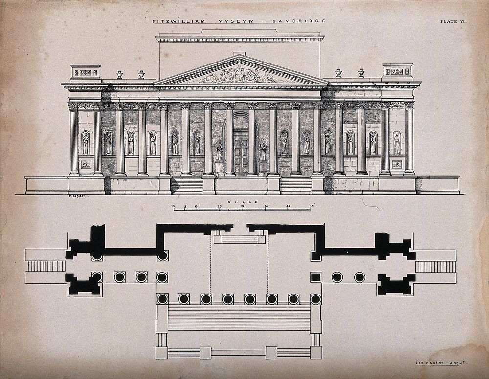 The Fitzwilliam Museum, Cambridge: elevation and plan. Process print by C. Bagster after G. Basevi.