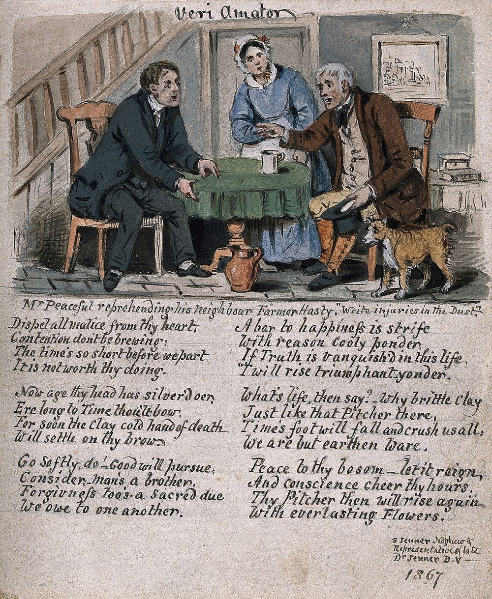 A farmer, quick to take offense, and his neighbour trying to pacify him; a woman and a dog next to them. Watercolour by S.…