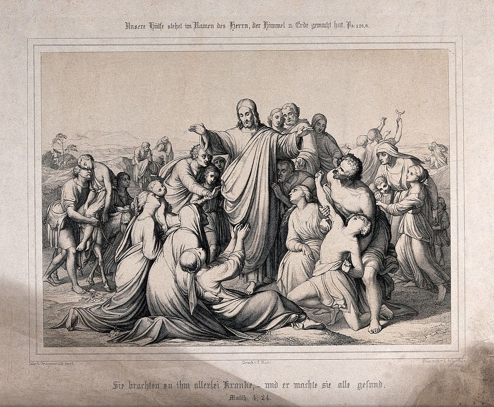 Christ healing a group of sick people. Engraving by A. Schaufele, 1851, after J. Grünenwald.