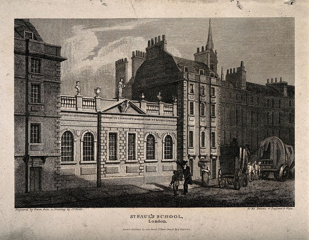St Paul's School, London, England. Etching by Owen after J.P. Neale, 1814.