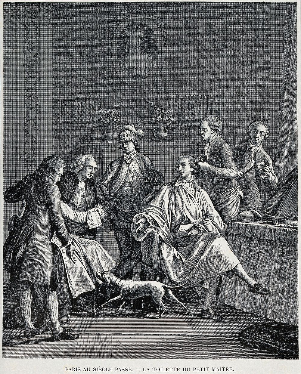 A man at his toilet surrounded by male servants and visitors. Reproduction of an engraving.