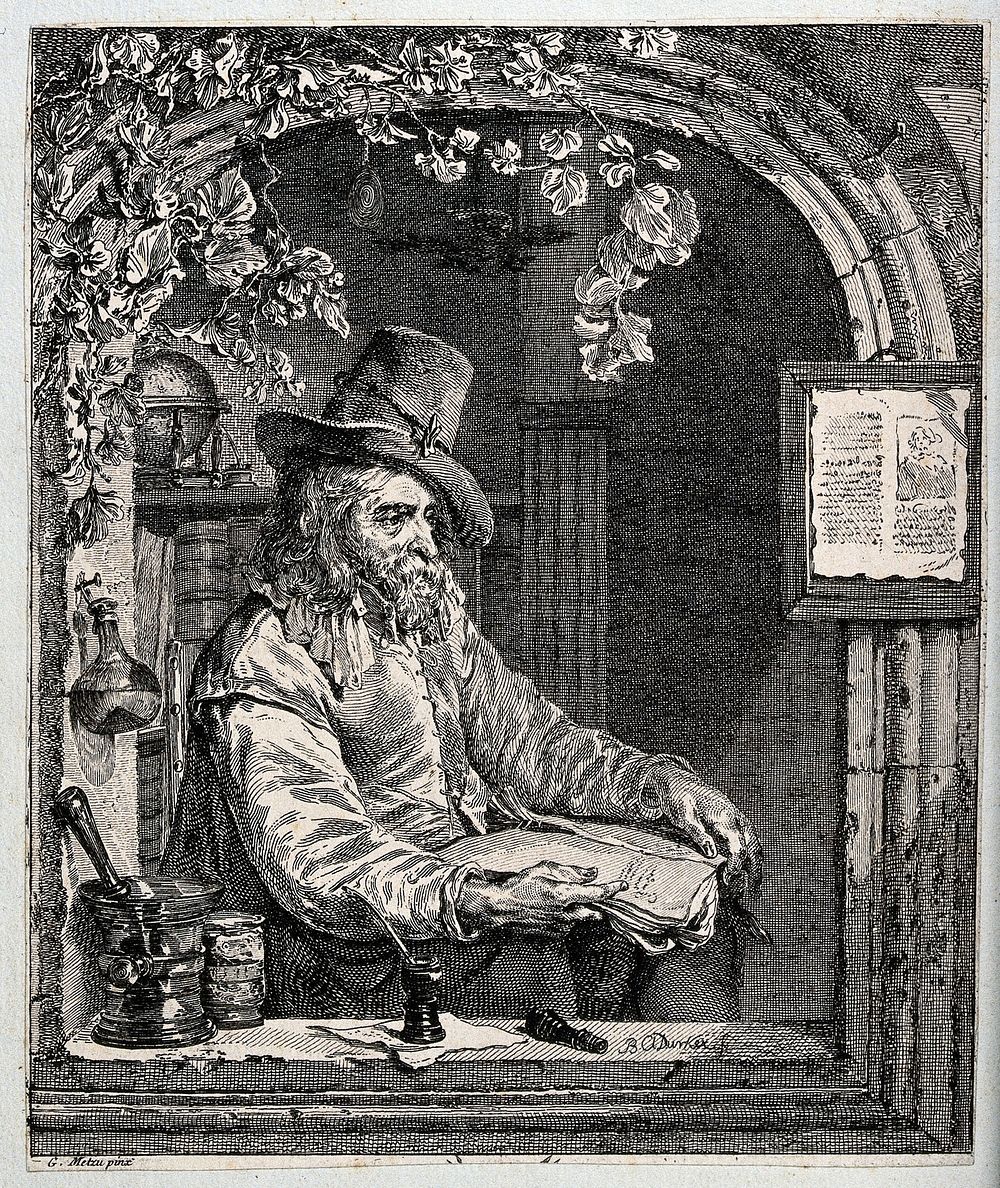 An apothecary with pharmaceutical equipment seated in an arched window. Etching by B.A. Dunker after G. Metsu.