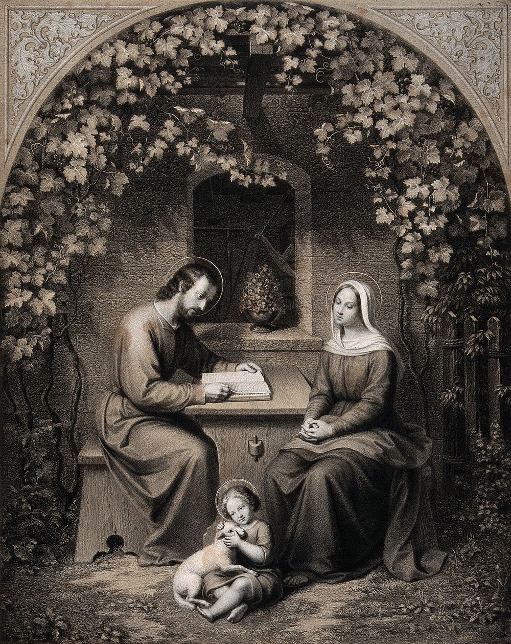 Saint Mary (the Blessed Virgin) and Saint Joseph with the Christ Child. Lithograph by J. Schlotthauer.