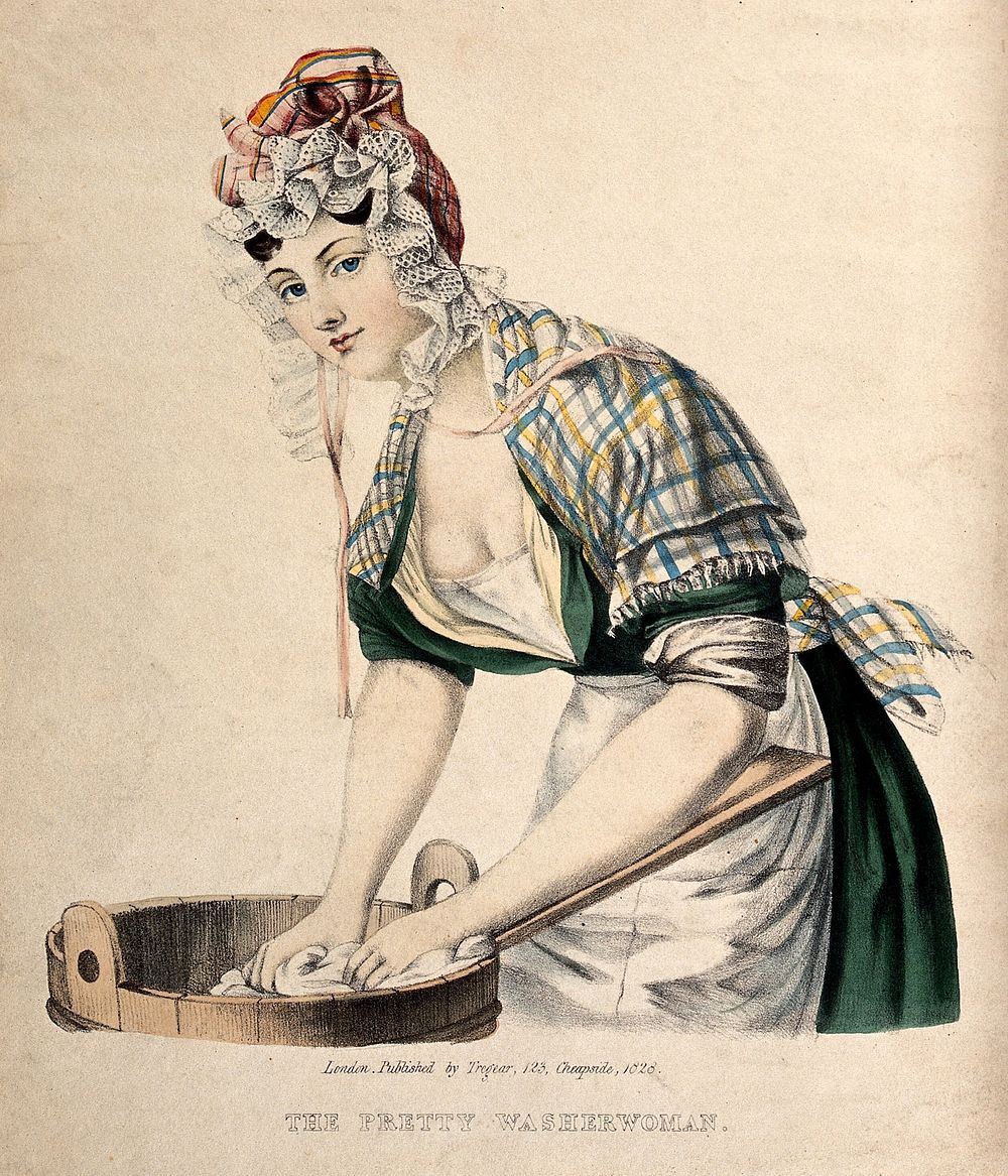 A woman is washing clothes on a wash board at a tub. Coloured lithograph.