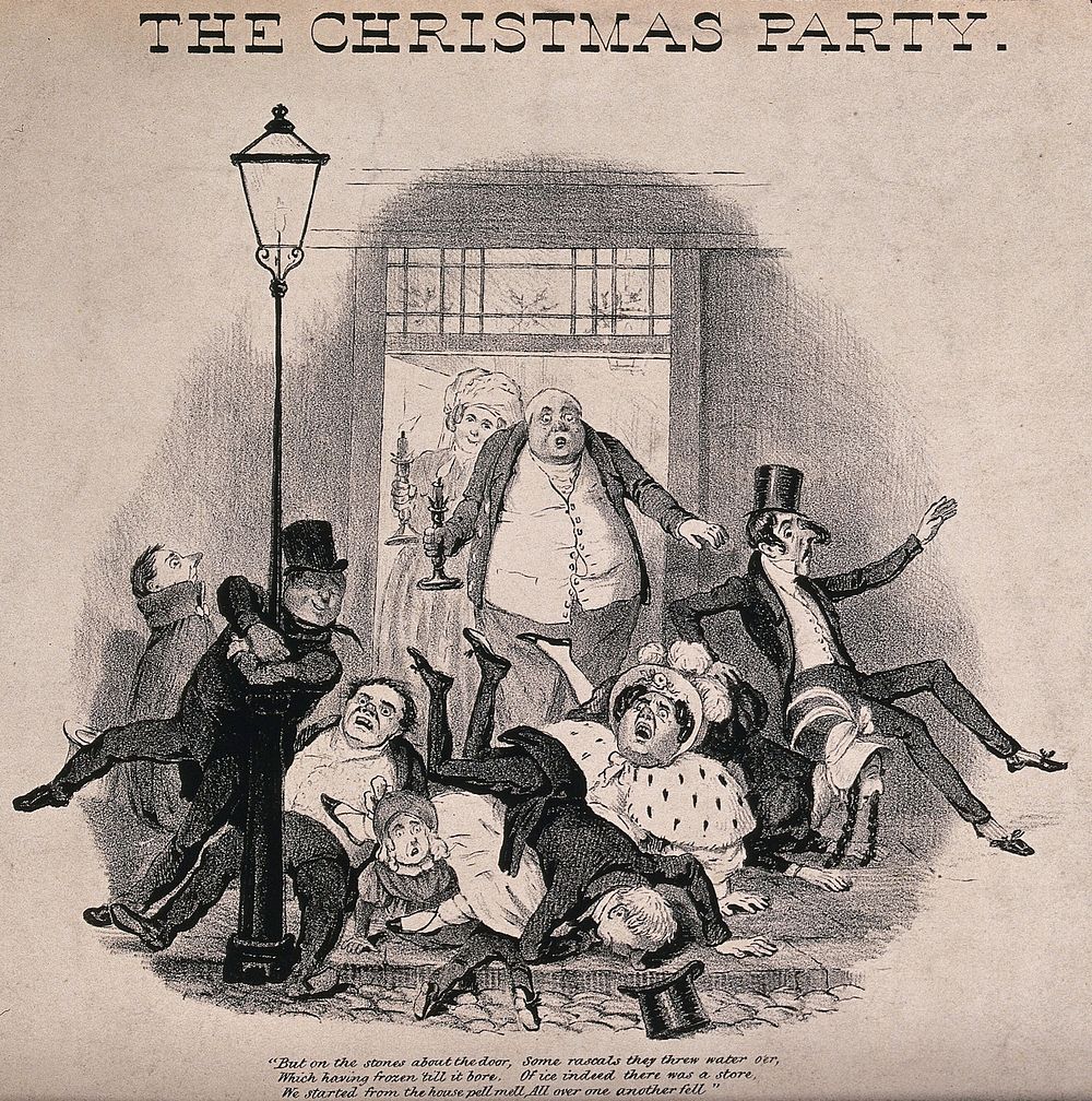 A crowd of people falling over on the pavement outside an open doorway. Lithograph.