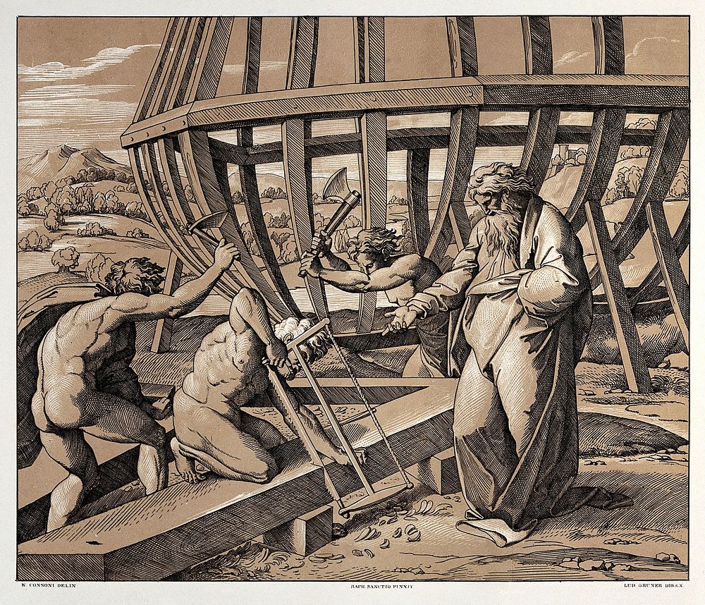 The construction of the ark of Noah. Colour lithograph by L. Gruner after N. Consoni after Raphael.