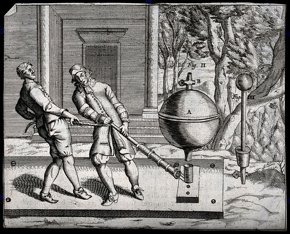 Pneumatics: two men extracting [] air from an iron sphere. Engraving, 16--.