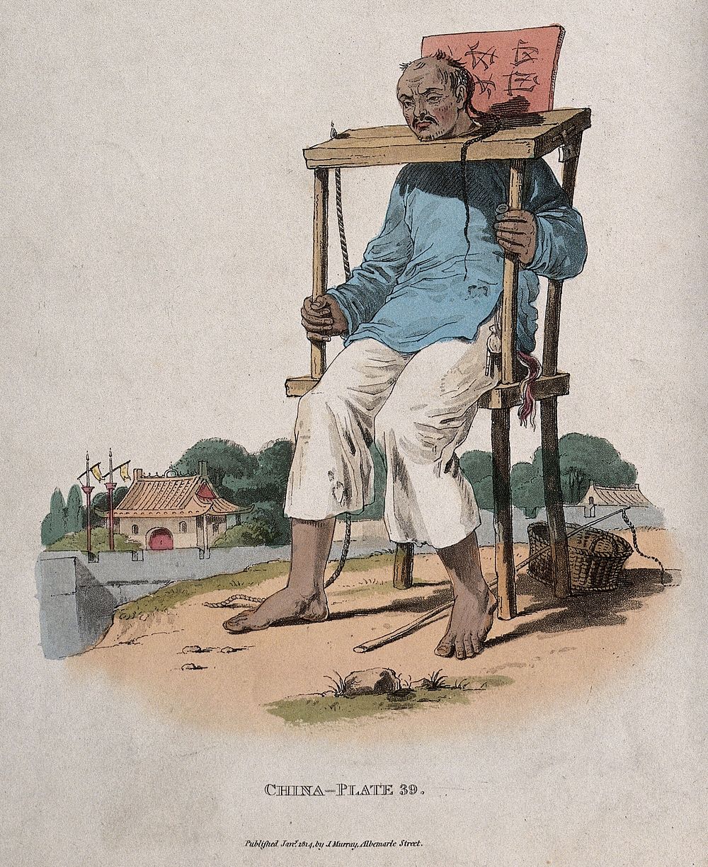 A Chinese man seated with his neck fastened in a cangue or pillory; a whip at his feet and houses in the background.…