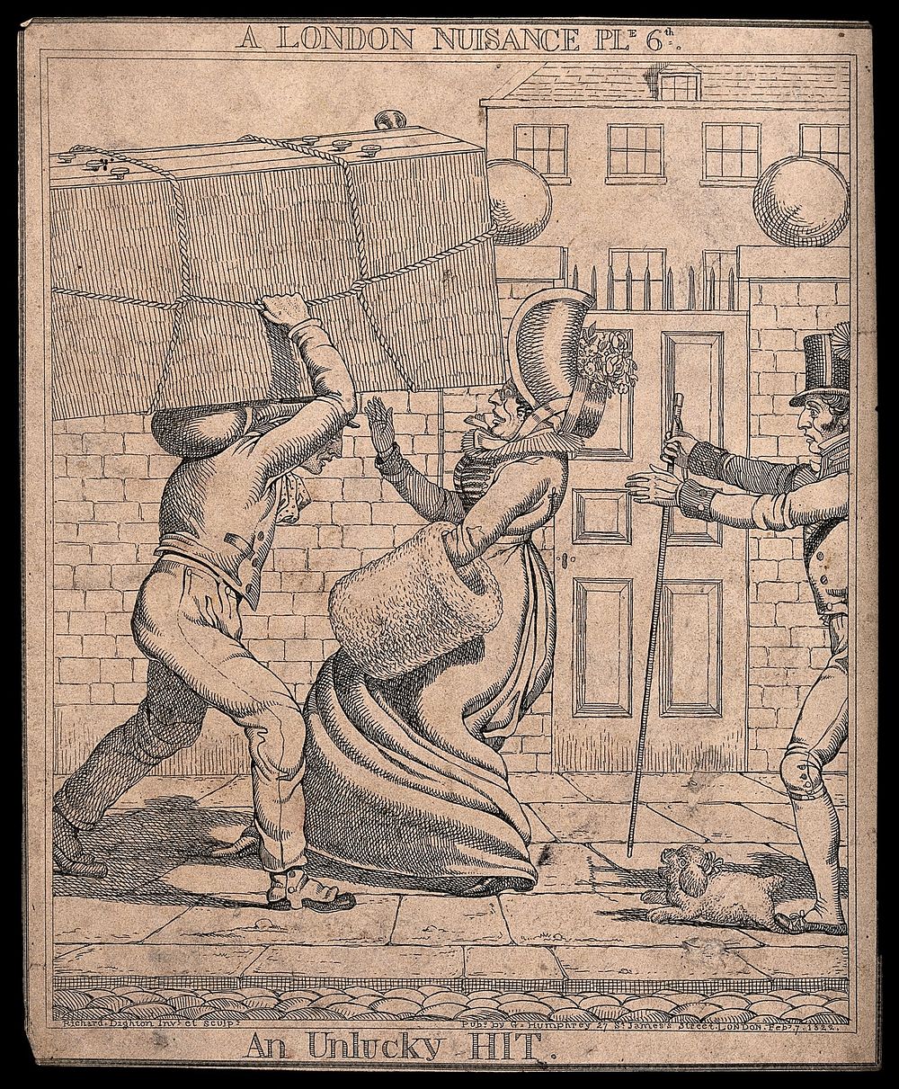 A woman is nearly knocked over by a man carrying a large item on his head. Etching by Richard Dighton, 1821.