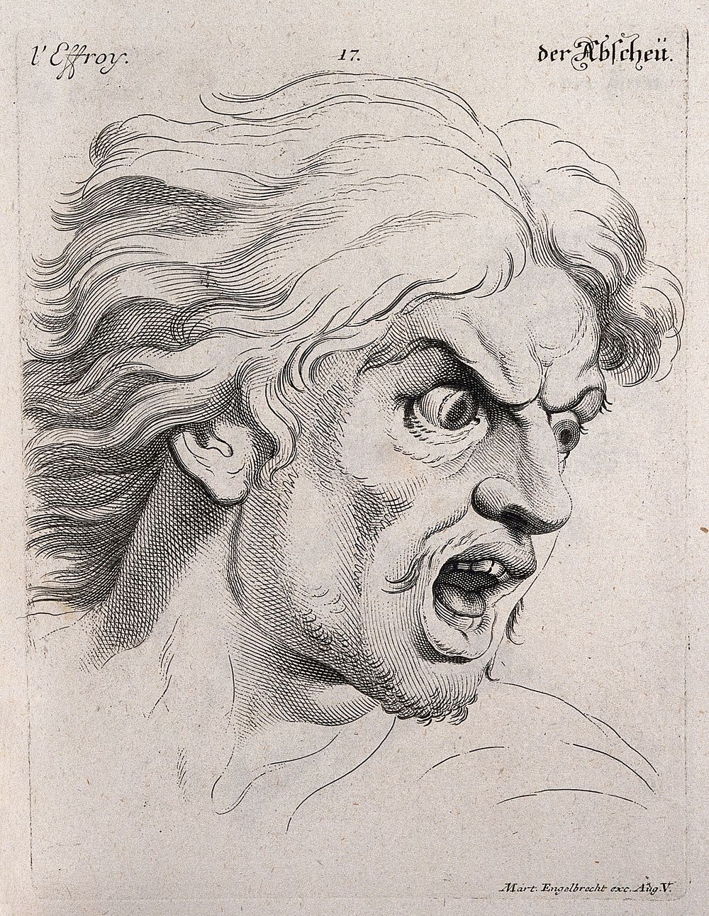 The face of a man experiencing fear. Engraving by M. Engelbrecht , 1732, after C. Le Brun.