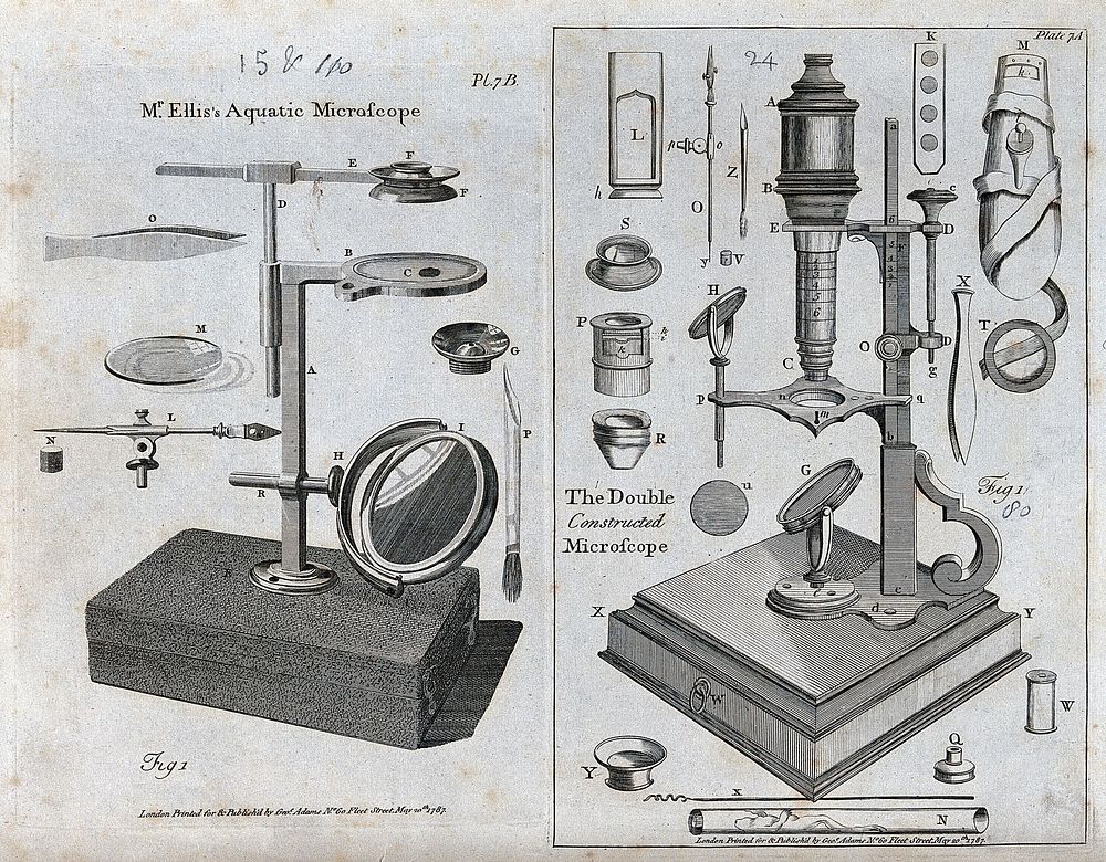 Optics: two kinds of specialist microscope. Engraving, 1787 [by Goodnight after Milne ].