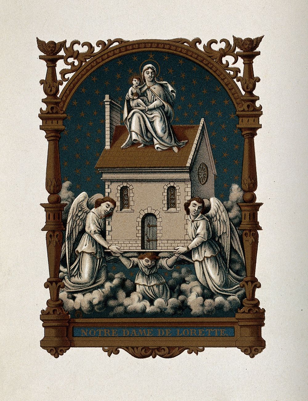 The Virgin of Loreto and the Santa Casa. Colour lithograph.