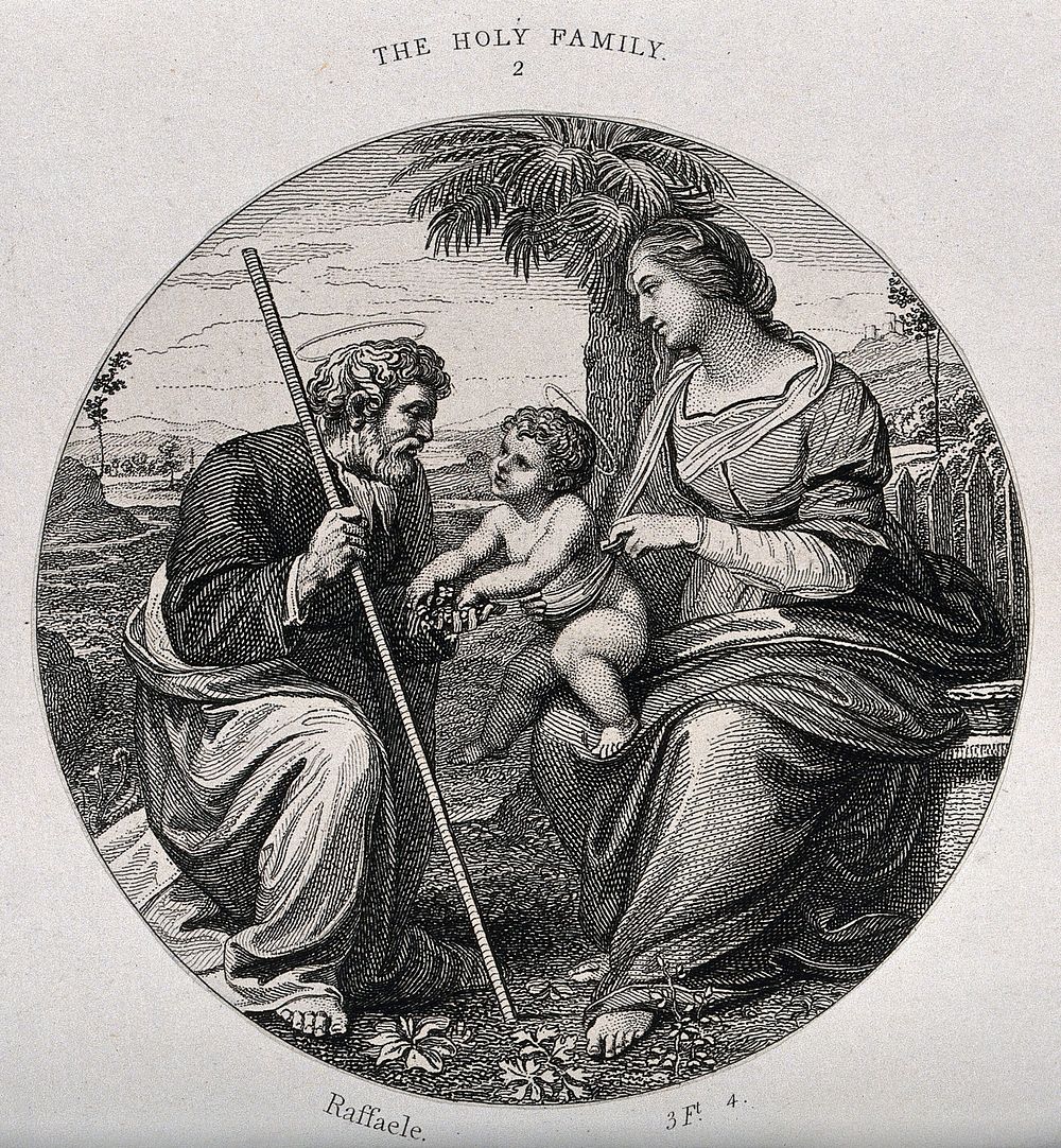 Saint Mary (the Blessed Virgin) and Saint Joseph with the Christ Child. Etching after Raphael.