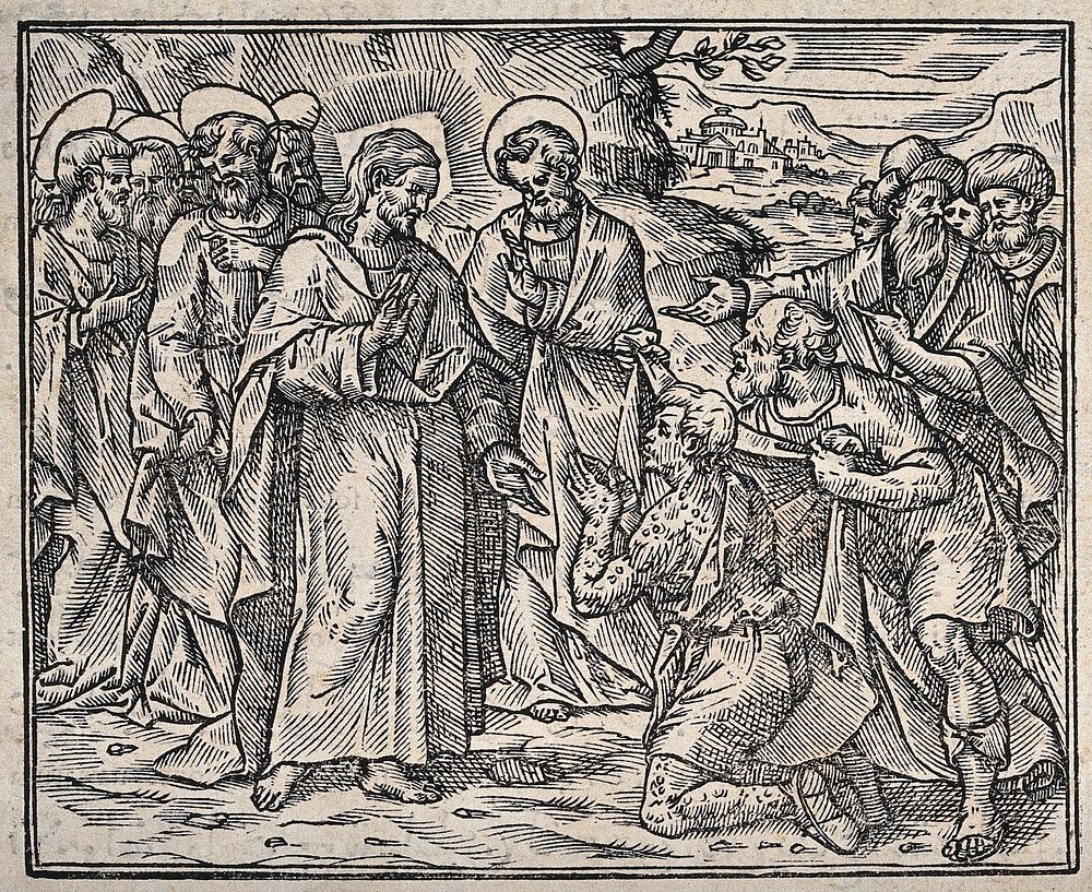 Christ cures a man of leprosy; an apostle holds a garment in front of him. Woodcut.